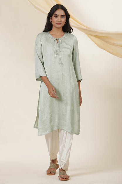 Light Green Rogan Block Printed Embroidered Kurta In Lustrous Satin