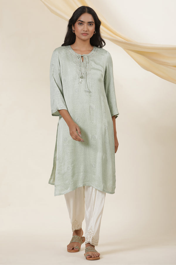 Light Green Rogan Block Printed Embroidered Kurta In Lustrous Satin