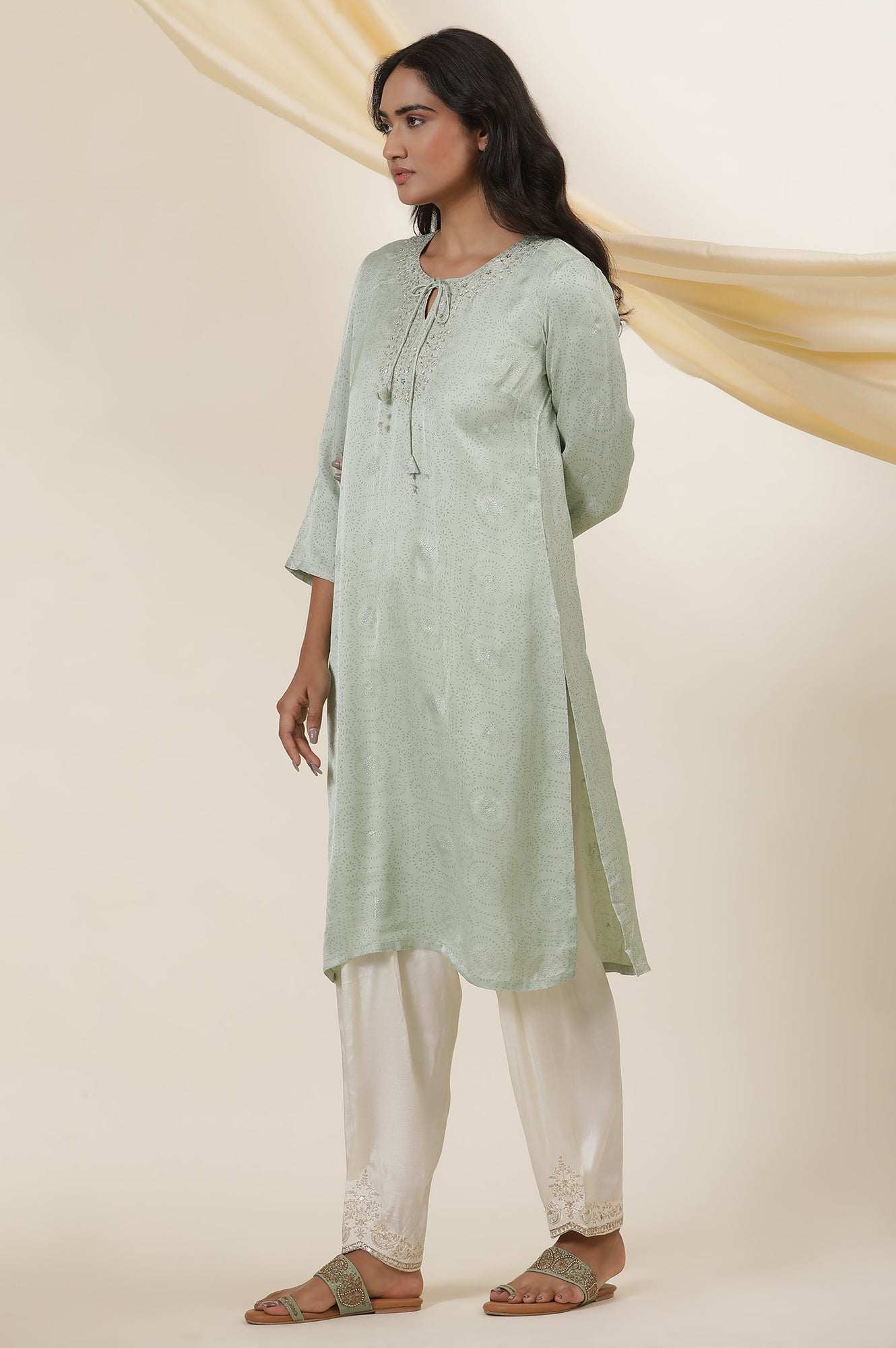 Light Green Rogan Block Printed Embroidered Kurta In Lustrous Satin