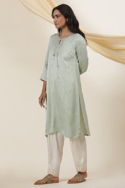 Light Green Rogan Block Printed Embroidered Kurta In Lustrous Satin