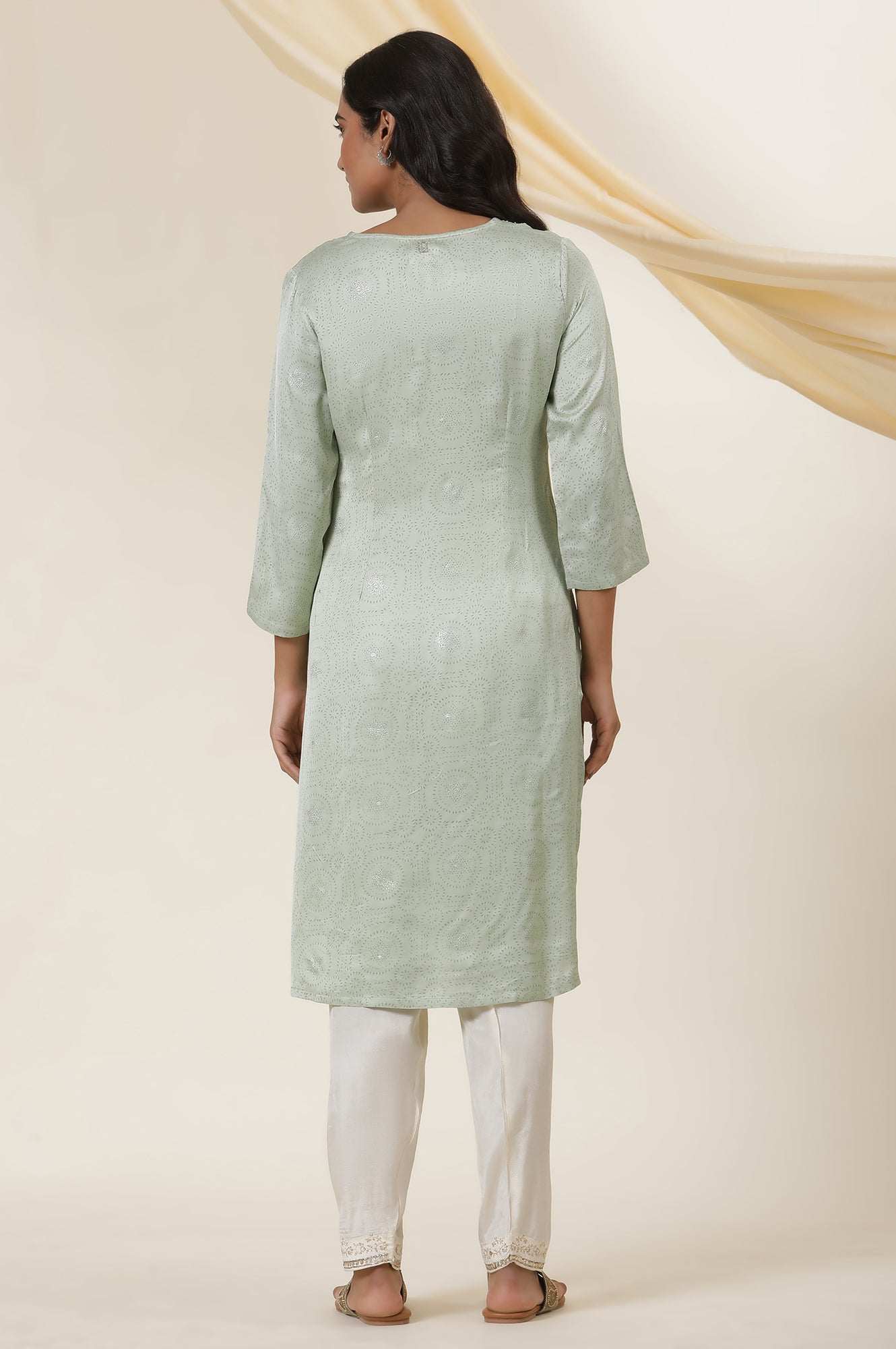 Light Green Rogan Block Printed Embroidered Kurta In Lustrous Satin