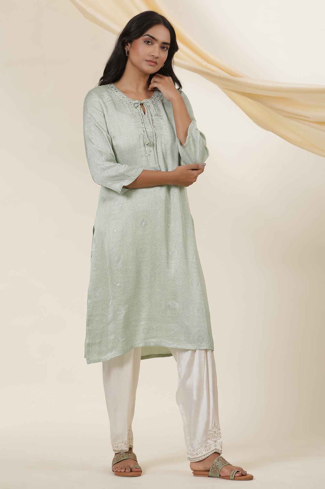 Light Green Rogan Block Printed Embroidered Kurta In Lustrous Satin