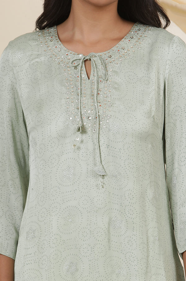 Light Green Rogan Block Printed Embroidered Kurta In Lustrous Satin