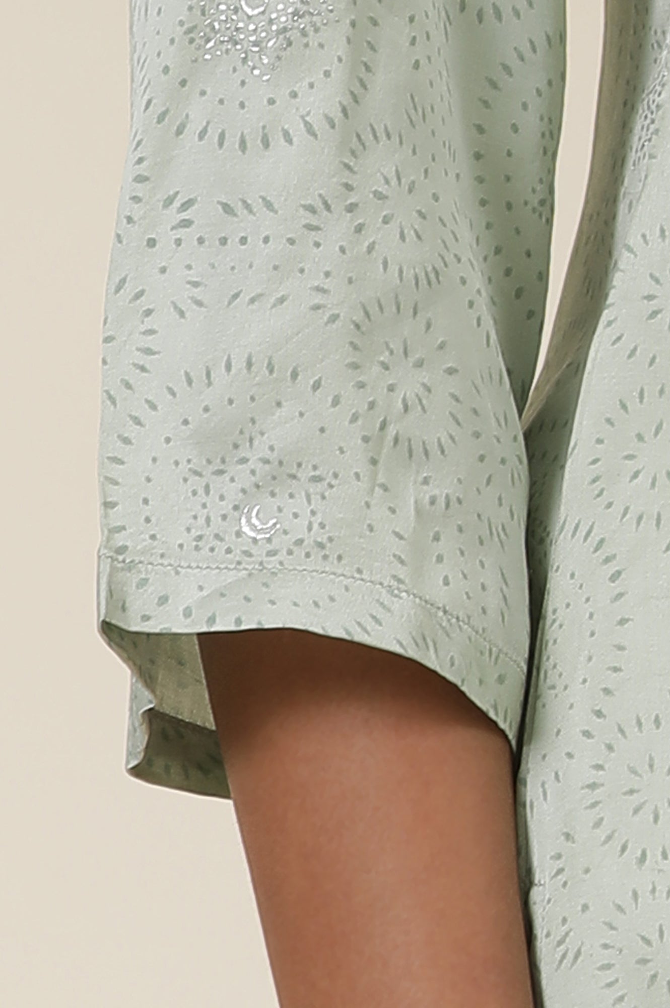 Light Green Rogan Block Printed Embroidered Kurta In Lustrous Satin