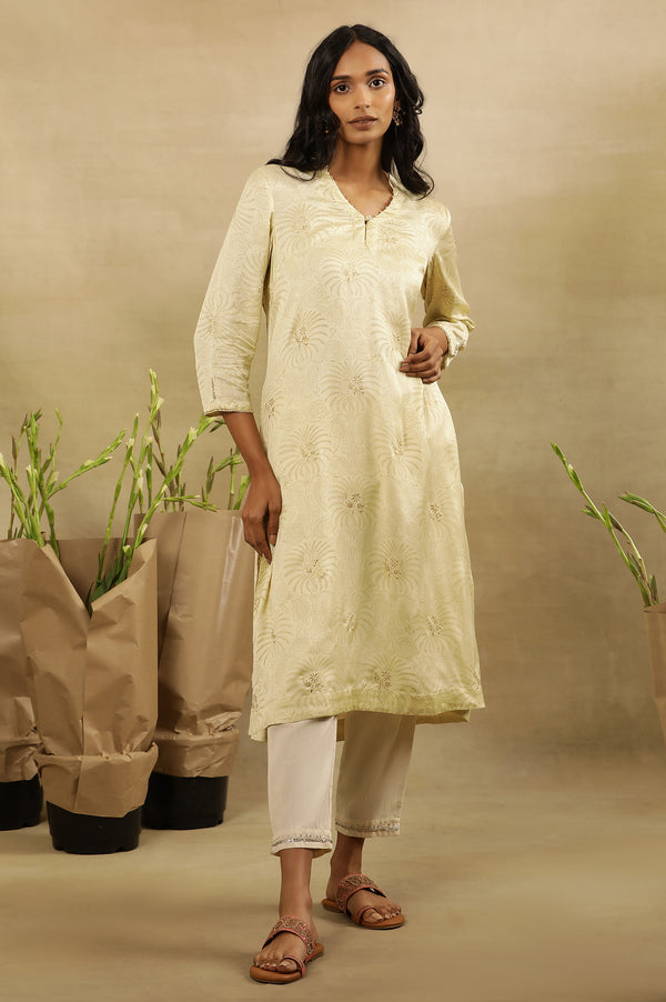 Pale Yellow Rogan Kurta In Lustrous Satin