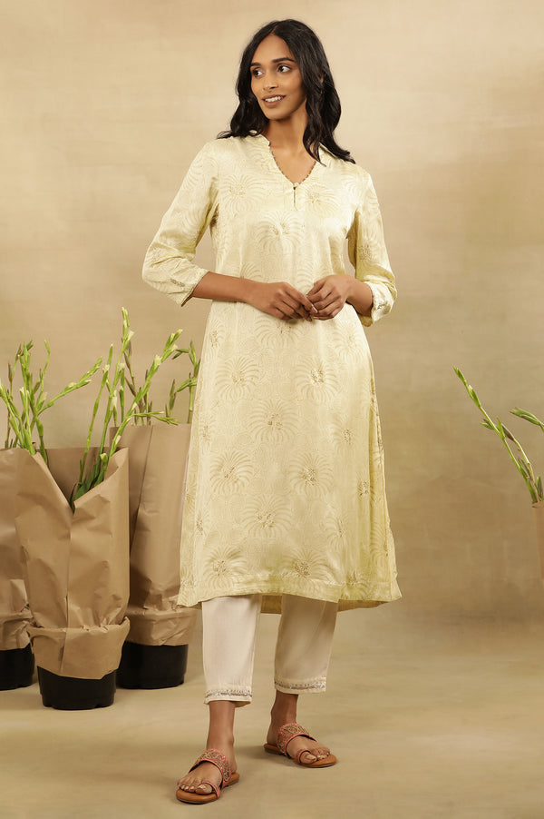 Pale Yellow Rogan Kurta In Lustrous Satin