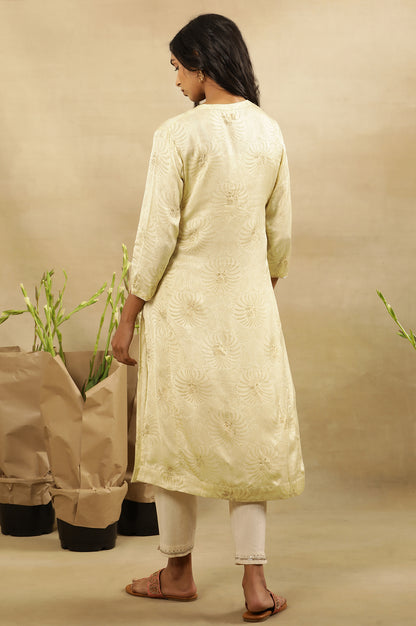 Pale Yellow Rogan Kurta In Lustrous Satin
