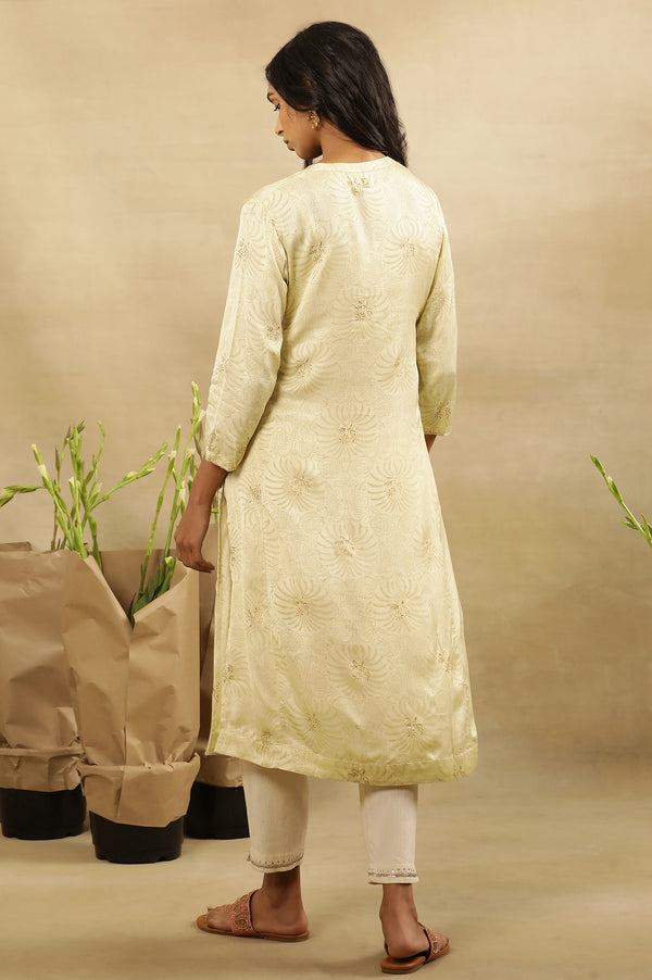 Pale Yellow Rogan Kurta In Lustrous Satin