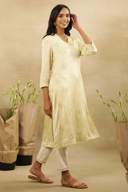 Pale Yellow Rogan Kurta In Lustrous Satin