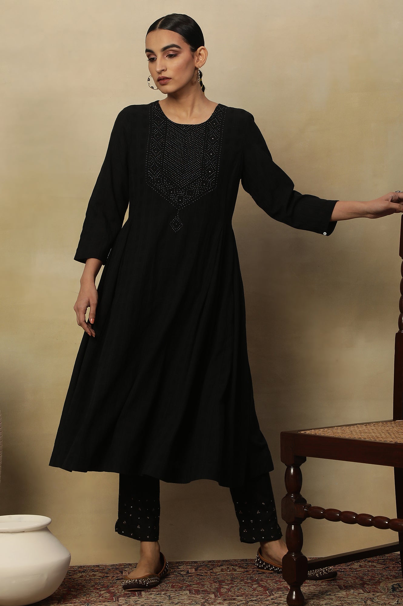 Black Beadwork Embroidery Kurta In Textured Cotton