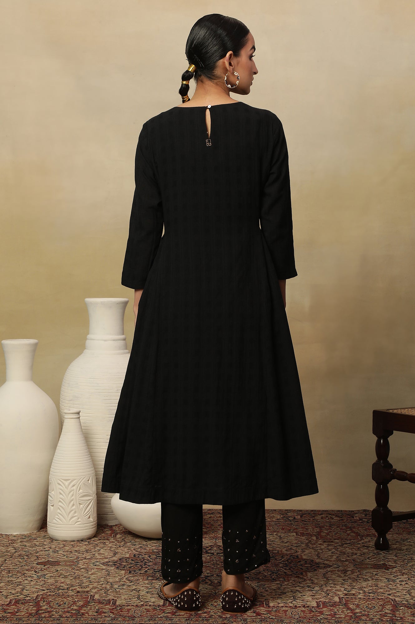 Black Beadwork Embroidery Kurta In Textured Cotton