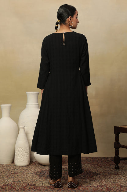 Black Beadwork Embroidery Kurta In Textured Cotton