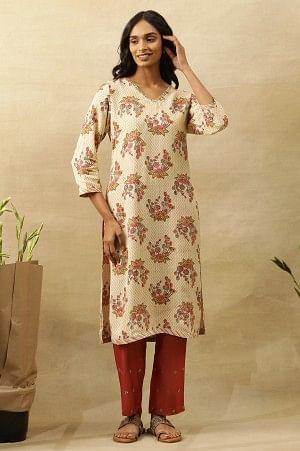 Beige V-Neck Buti Block Printed Kurta