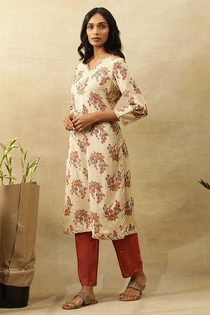Beige V-Neck Buti Block Printed Kurta