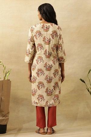 Beige V-Neck Buti Block Printed Kurta