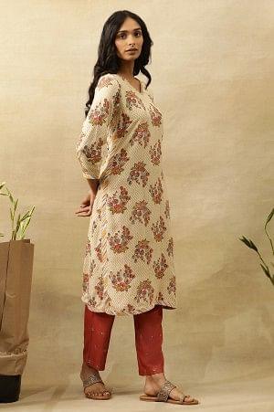 Beige V-Neck Buti Block Printed Kurta