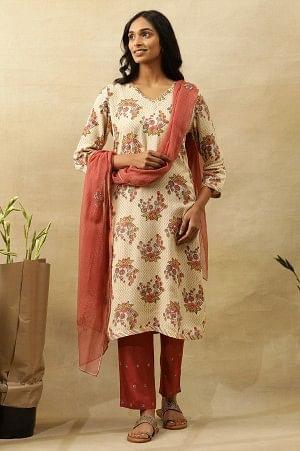 Beige V-Neck Buti Block Printed Kurta