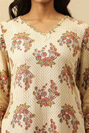 Beige V-Neck Buti Block Printed Kurta