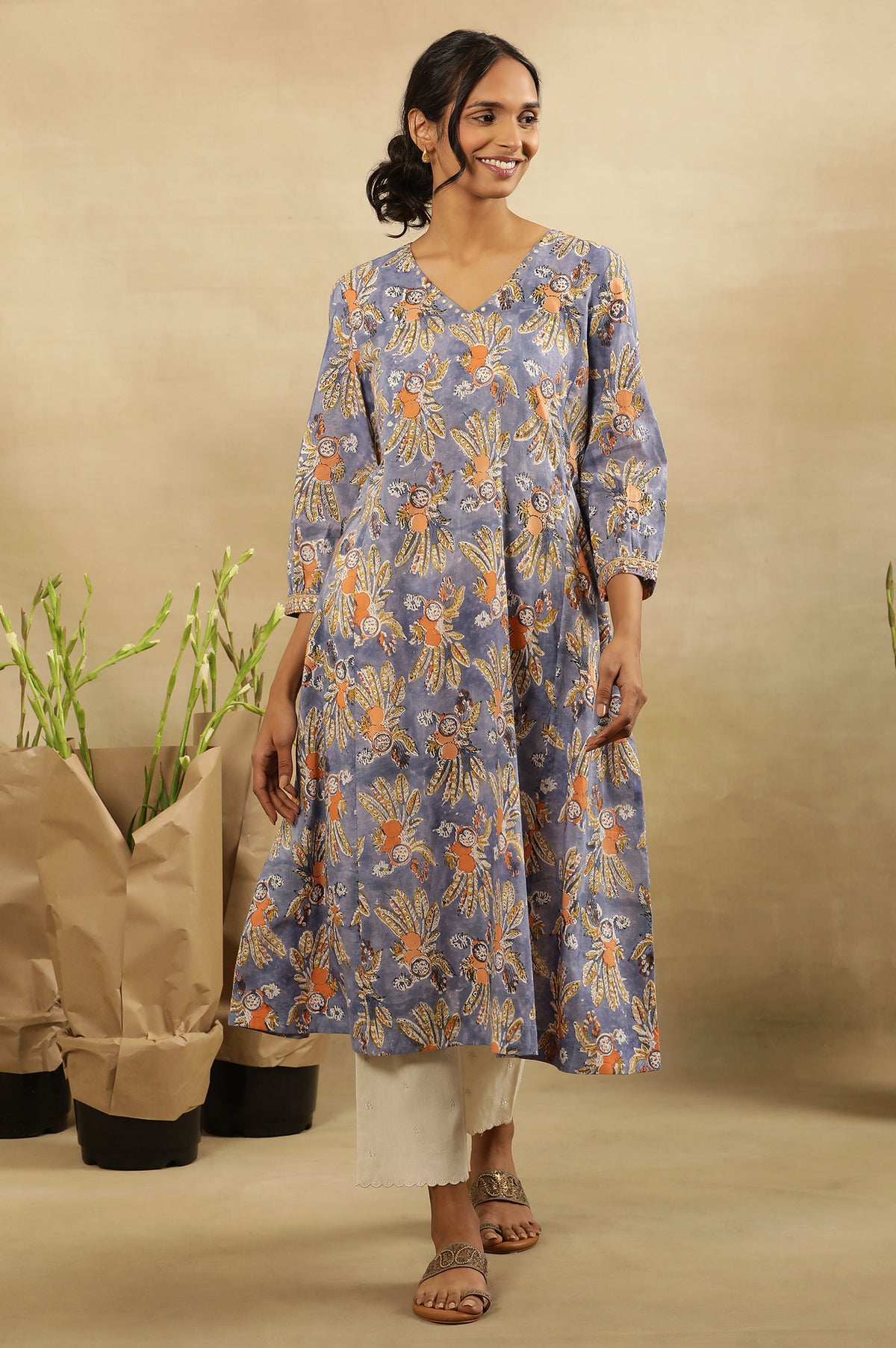 Multicoloured Block Printed V-Neck Kurta - XS