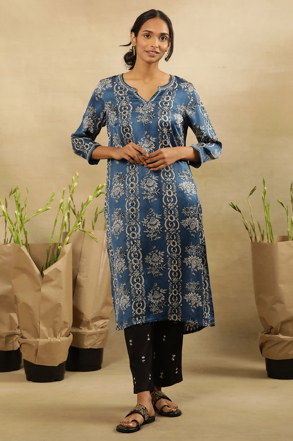 Blue Floral Ajrakh Kurta In Lustrous Satin