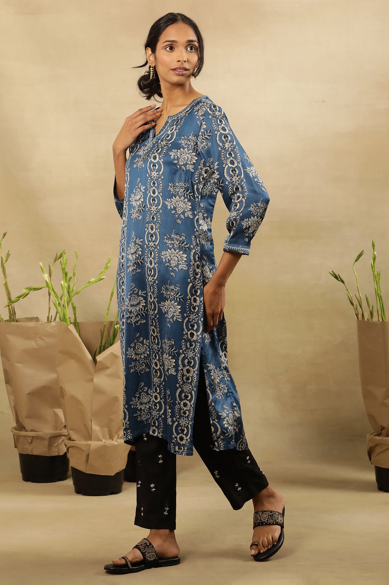 Blue Floral Ajrakh Kurta In Lustrous Satin