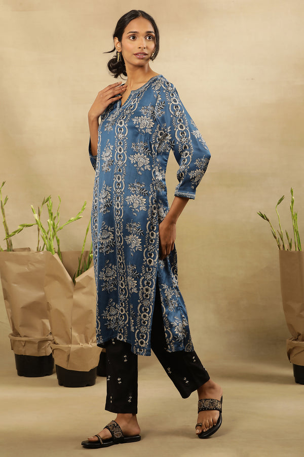 Blue Floral Ajrakh Kurta In Lustrous Satin