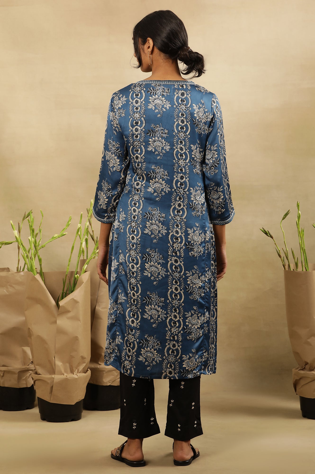 Blue Floral Ajrakh Kurta In Lustrous Satin