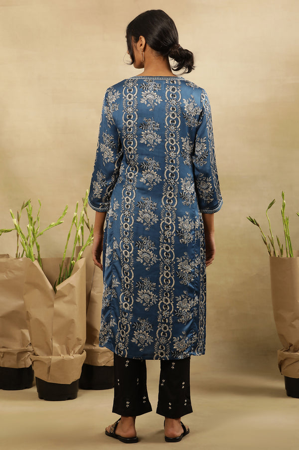 Blue Floral Ajrakh Kurta In Lustrous Satin