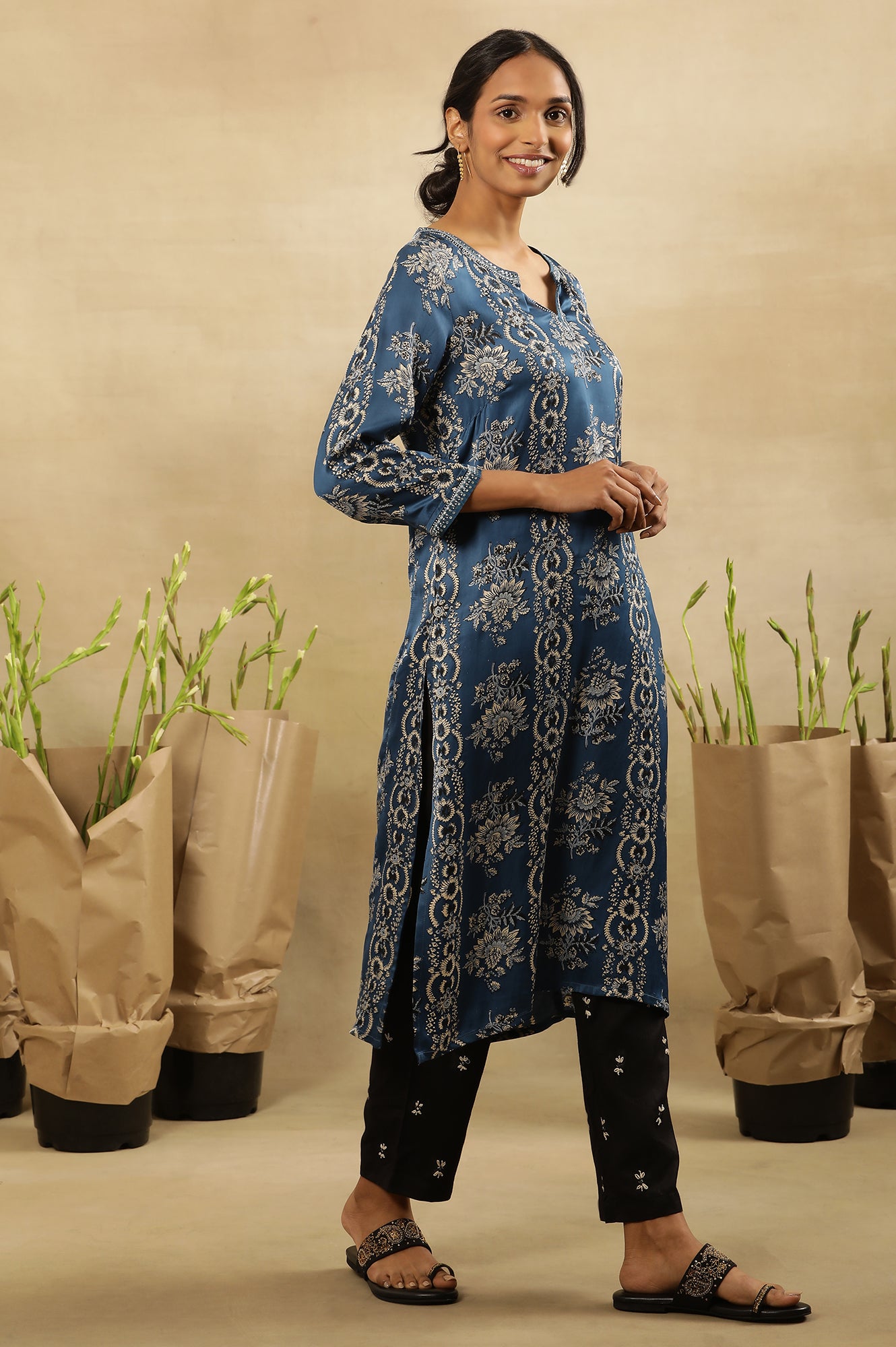 Blue Floral Ajrakh Kurta In Lustrous Satin