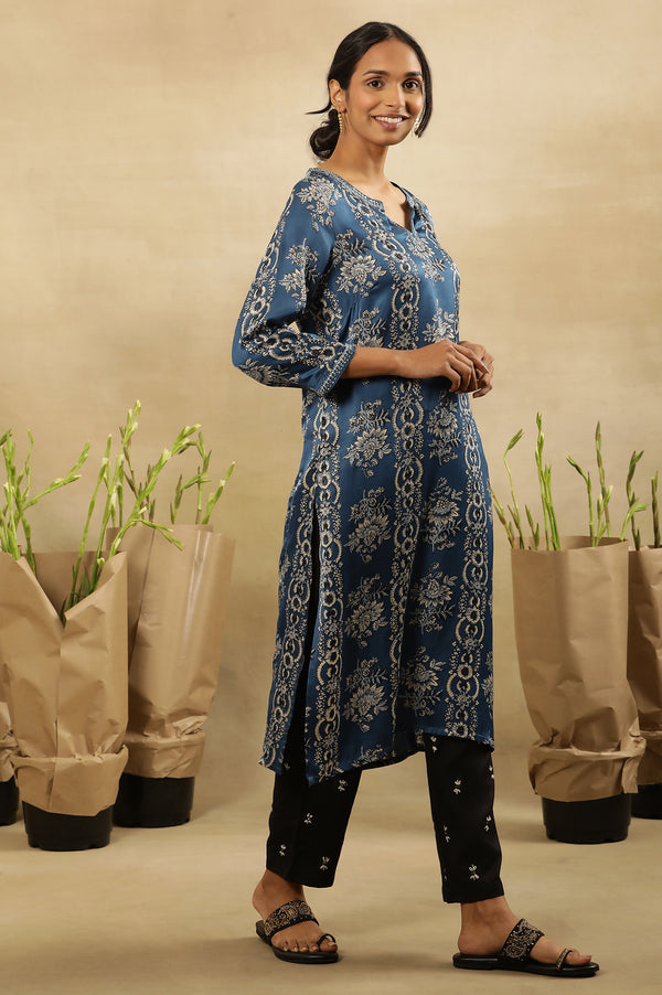 Blue Floral Ajrakh Kurta In Lustrous Satin