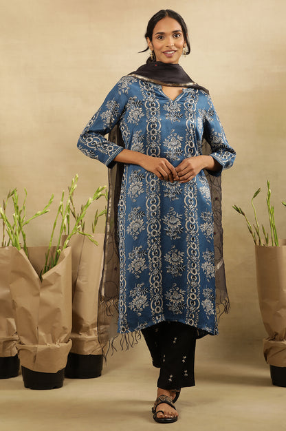 Blue Floral Ajrakh Kurta In Lustrous Satin