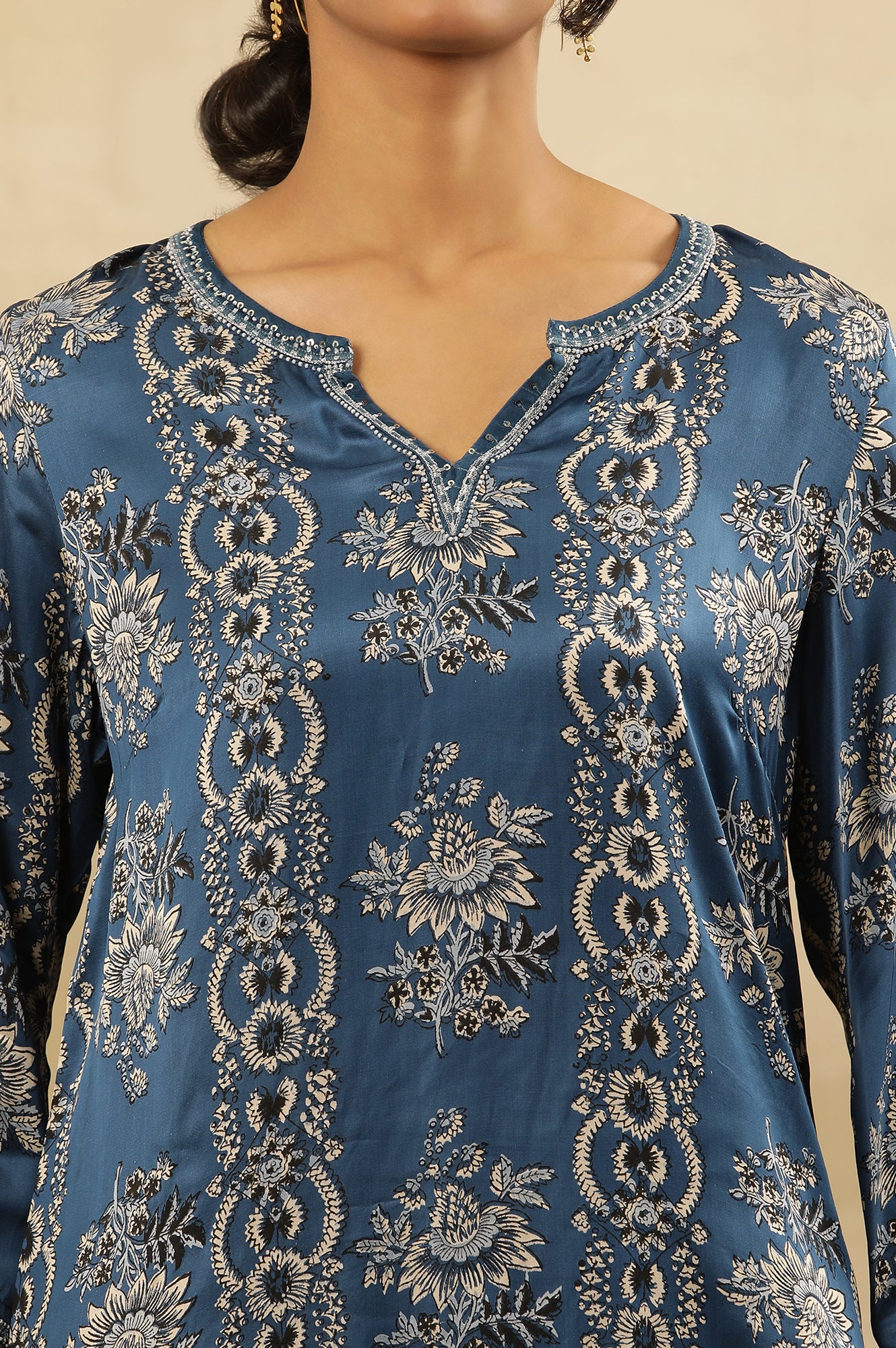 Blue Floral Ajrakh Kurta In Lustrous Satin