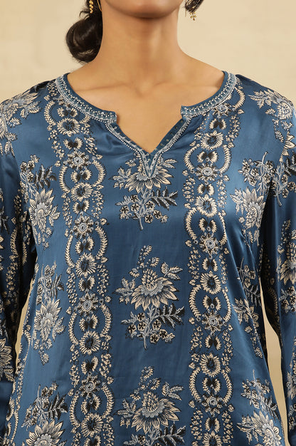 Blue Floral Ajrakh Kurta In Lustrous Satin