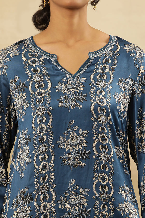 Blue Floral Ajrakh Kurta In Lustrous Satin