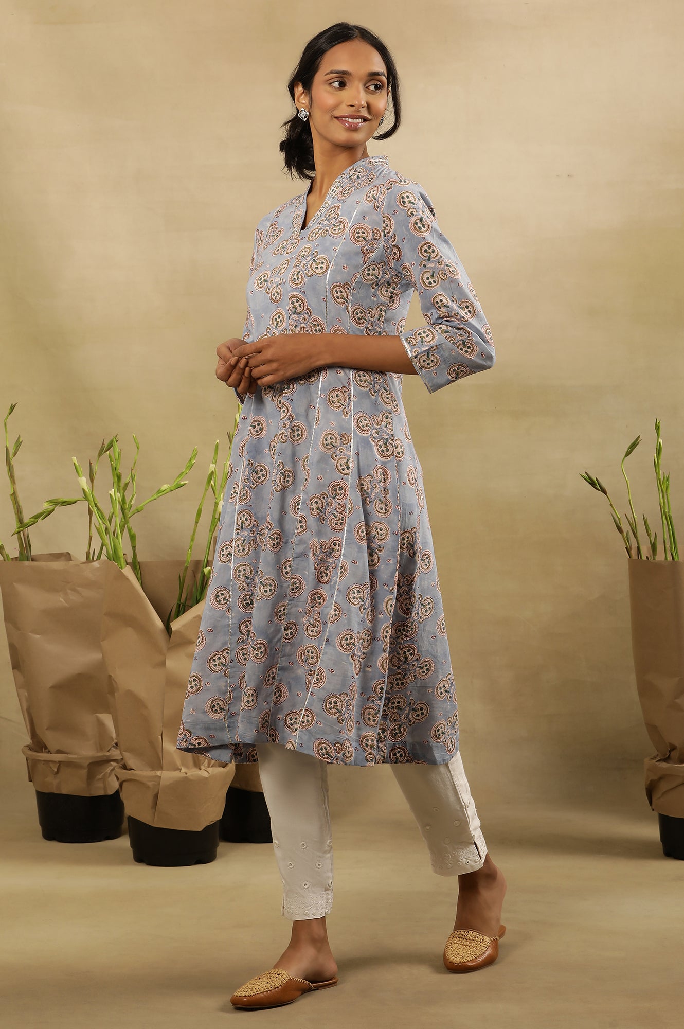 Skyway Blue Block Printed V-Neck Gota Work Kurta