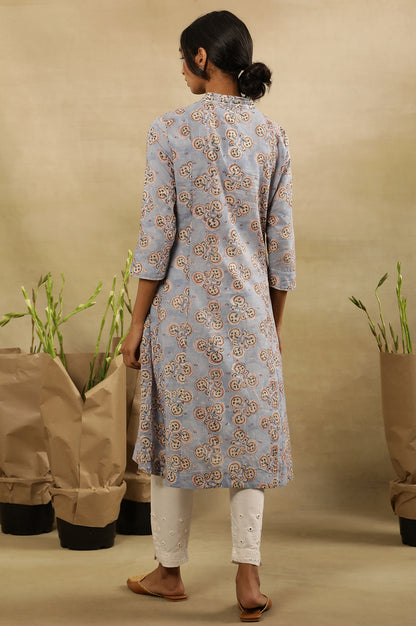 Skyway Blue Block Printed V-Neck Gota Work Kurta