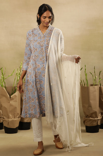 Skyway Blue Block Printed V-Neck Gota Work Kurta