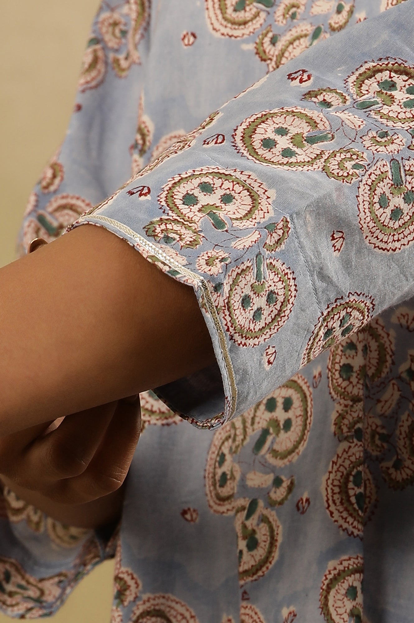 Skyway Blue Block Printed V-Neck Gota Work Kurta