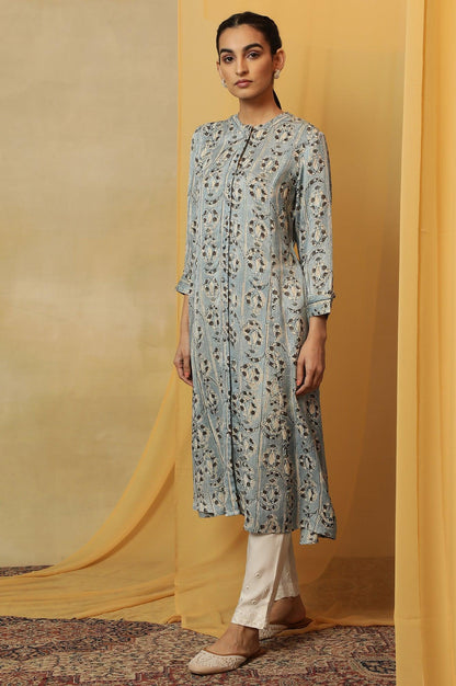 Light Blue Shirt Dress Kurta In Shiny Satin - wforwoman