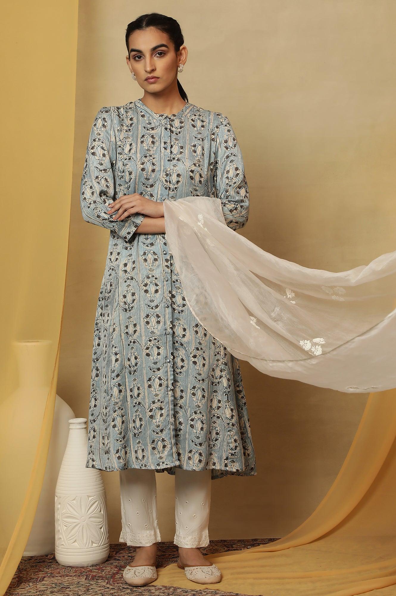 Light Blue Shirt Dress Kurta In Shiny Satin - wforwoman