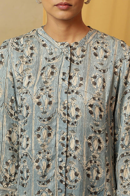 Light Blue Shirt Dress Kurta In Shiny Satin - wforwoman