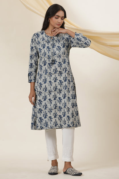Indigo Block Printed Round Neck Kurta