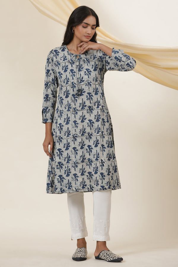 Indigo Block Printed Round Neck Kurta