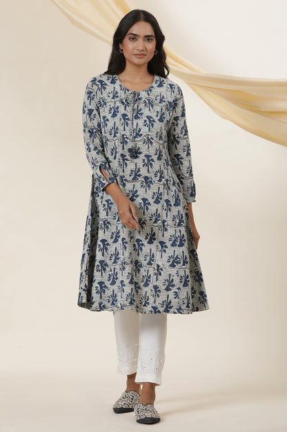 Indigo Block Printed Round Neck Kurta