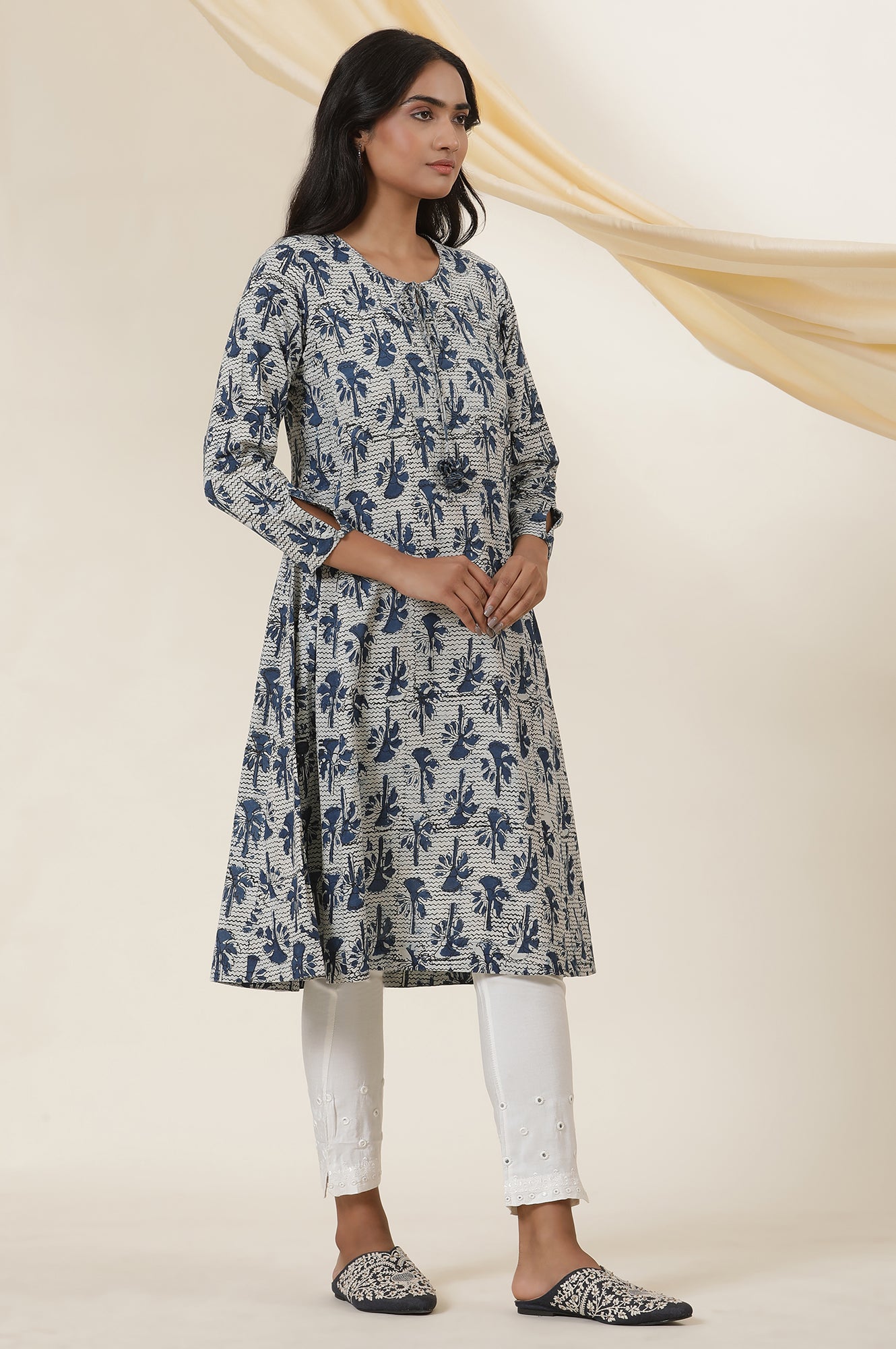 Indigo Block Printed Round Neck Kurta
