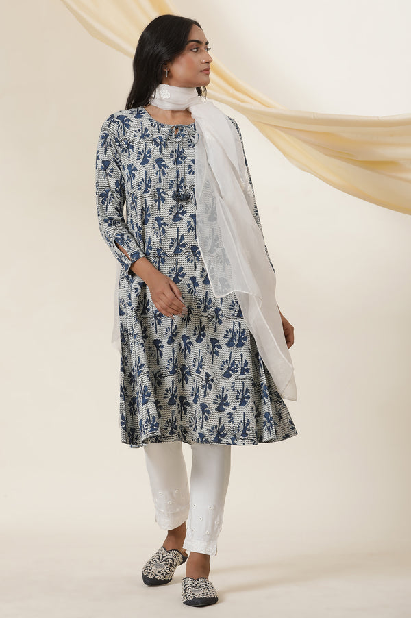 Indigo Block Printed Round Neck Kurta
