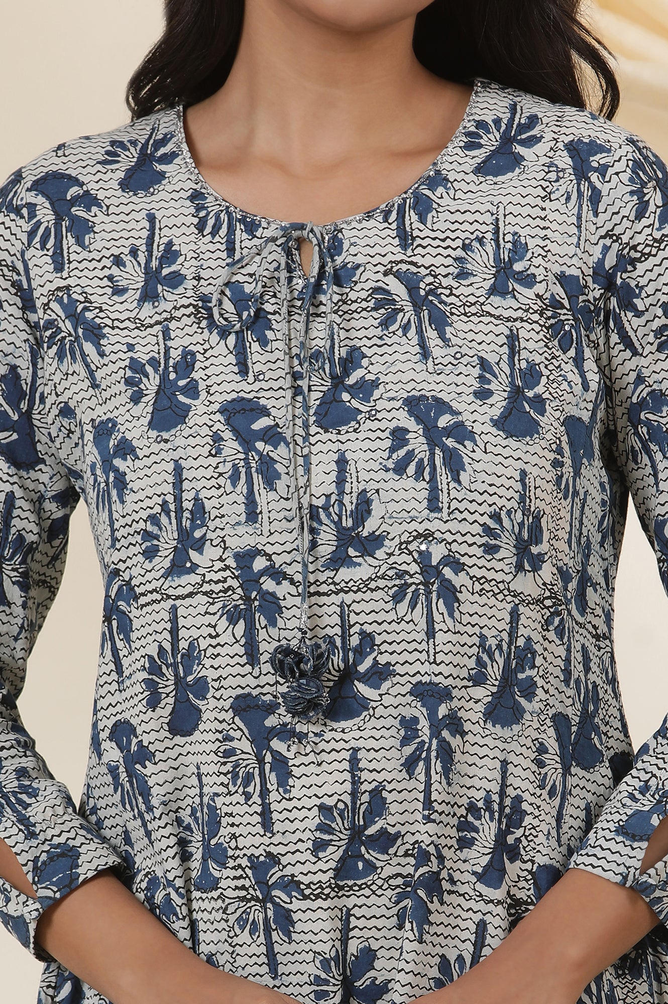 Indigo Block Printed Round Neck Kurta