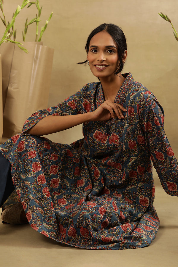 Blue & Red Block Print  V-Neck Panelled Kurta