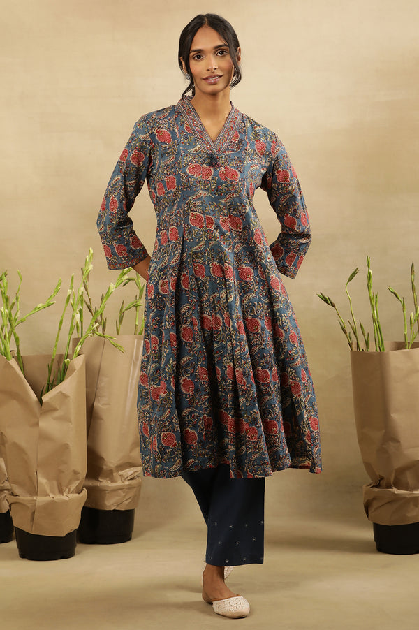 Blue & Red Block Print  V-Neck Panelled Kurta