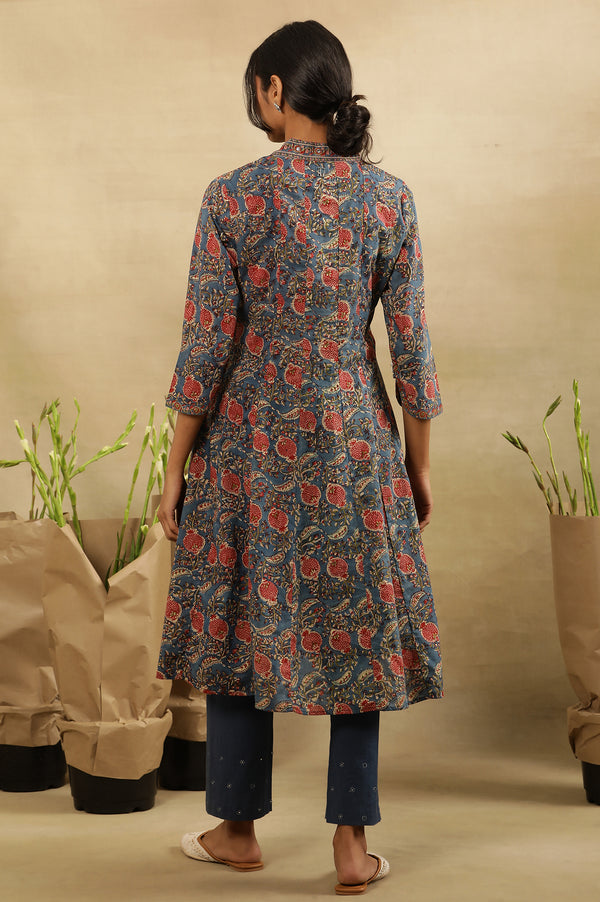 Blue & Red Block Print  V-Neck Panelled Kurta